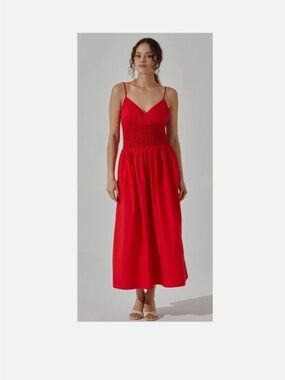 ASTR the Label Popcorn Waist Midi Dress Cherry Red Size xs